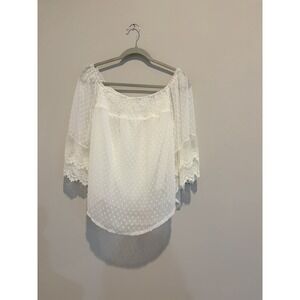 Women's Off Shoulder White Bell Sleeve Blouse Smocked Crochet Detail Polka Dot